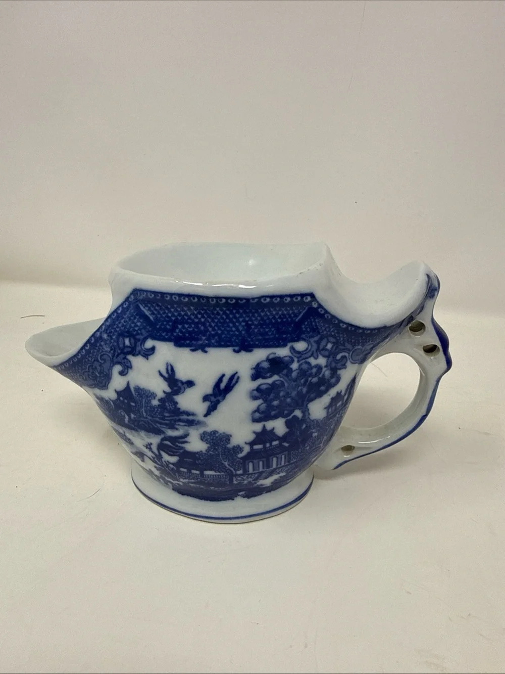 Vintage Victoria Ironstone Scuttle Shape Blue White Flow Willow Shaving Mug.